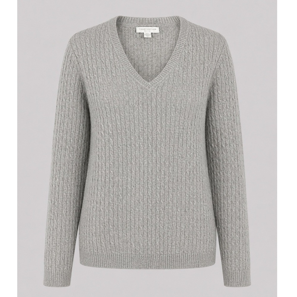 Charter Club Petite Cable Knit Sweater Gray V Neck Womens PS NWT Soft
